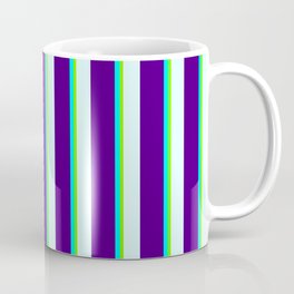 [ Thumbnail: Light Cyan, Indigo, Aqua, and Green Colored Lined/Striped Pattern Coffee Mug ]