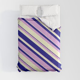 [ Thumbnail: Blue, Plum, and Light Yellow Colored Lines Pattern Comforter ]