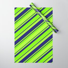 [ Thumbnail: Green, Light Green & Midnight Blue Colored Striped/Lined Pattern Wrapping Paper ]