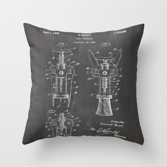Cork Screw Patent - Wine Art - Black Chalkboard Throw Pillow