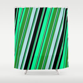 [ Thumbnail: Green, Forest Green, Powder Blue, and Black Colored Striped/Lined Pattern Shower Curtain ]