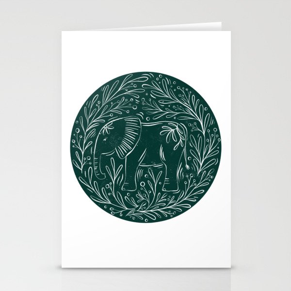 Botanical Elephant Block Print - textured green circle Stationery Cards