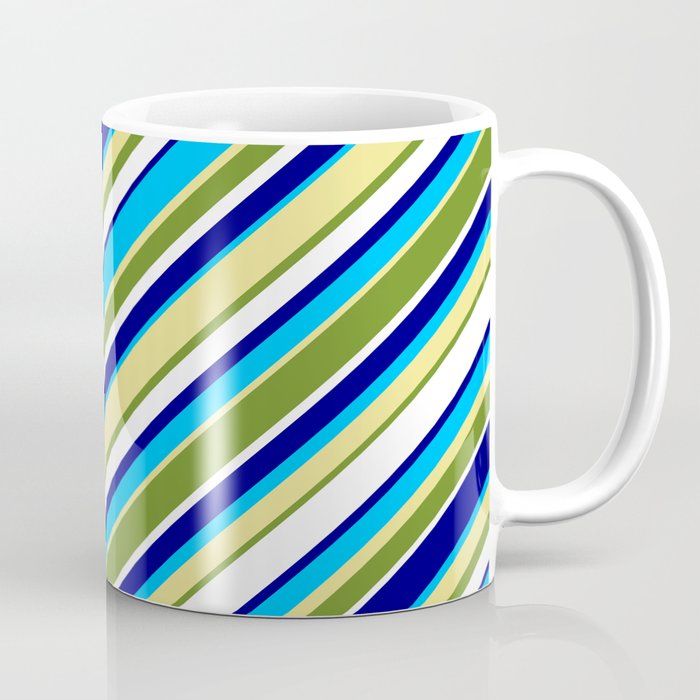Colorful Blue, Deep Sky Blue, Tan, Green & White Colored Lined Pattern Coffee Mug