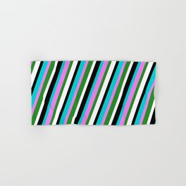 [ Thumbnail: Eyecatching Dark Turquoise, Violet, Forest Green, White & Black Colored Lines/Stripes Pattern Hand & Bath Towel ]