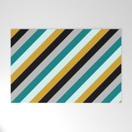 [ Thumbnail: Eyecatching Grey, Teal, Light Cyan, Goldenrod & Black Colored Lines Pattern Welcome Mat ]