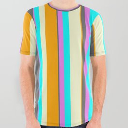 [ Thumbnail: Eye-catching Orange, Dim Grey, Violet, Cyan & Light Yellow Colored Pattern of Stripes All Over Graphic Tee ]