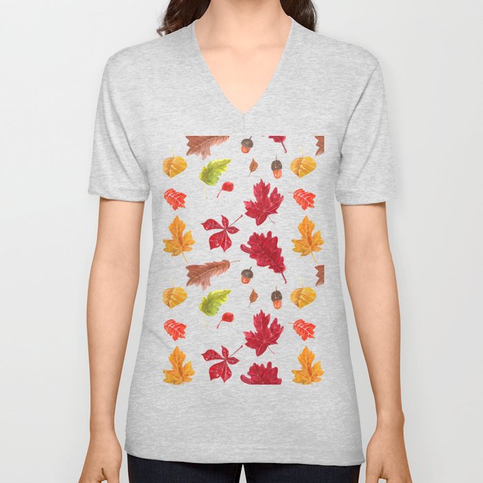 Autumn leaves pattern. Seamless pattern with various hand drawn autumn leaves.  V Neck T Shirt