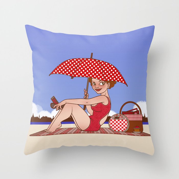 Lola vacations on the French Beach Throw Pillow