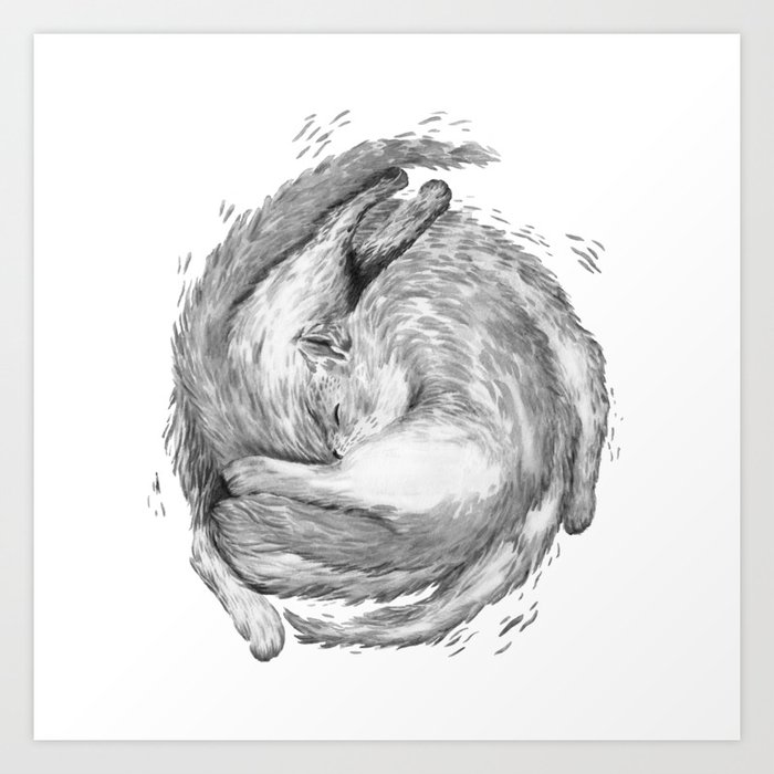 Cat Nap Curl Up Circle, Black and White Art Print