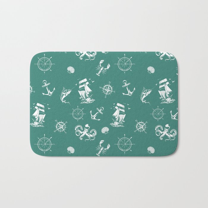 Green Blue And White Silhouettes Of Vintage Nautical Pattern Bath Mat