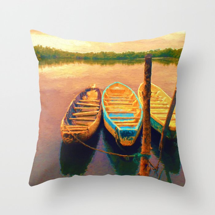 Sunset Boats Landscape Painting Seascape Throw Pillow