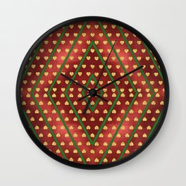 Gold Hearts on a Red Shiny Background with Green Diamond Lines Wall Clock