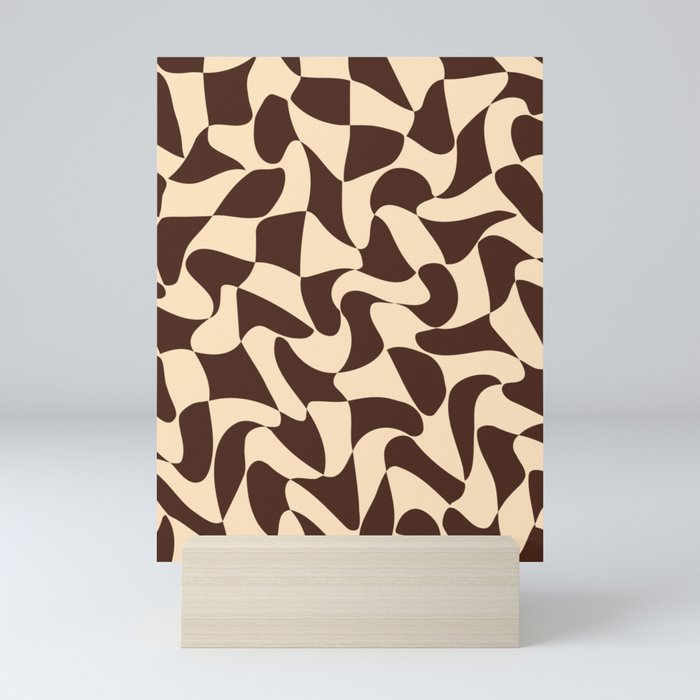 Wavy Checkerboard in Brown & Cream Mini Art Print