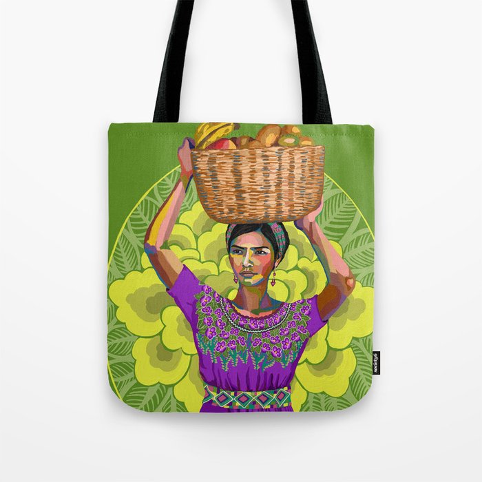 Woman with basket of fruits Tote Bag