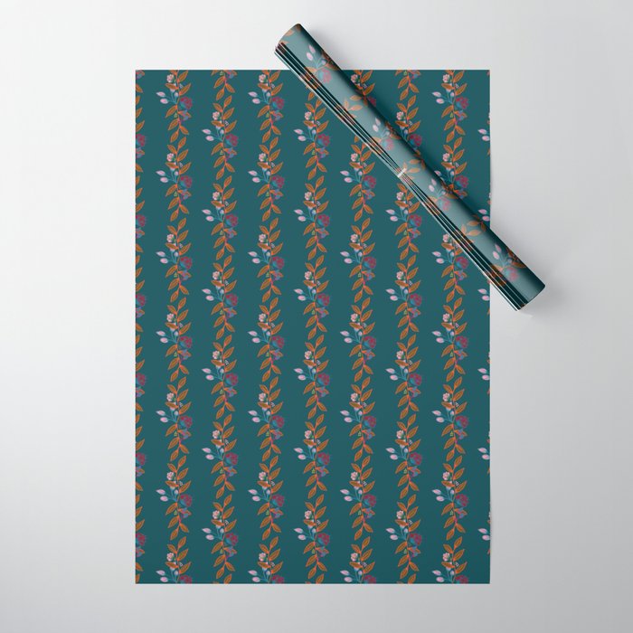Traditional Floral Stripes in Teal Wrapping Paper