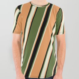 [ Thumbnail: Dark Olive Green, Beige, Brown & Black Colored Pattern of Stripes All Over Graphic Tee ]