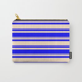 [ Thumbnail: Bisque and Blue Colored Lined/Striped Pattern Carry-All Pouch ]