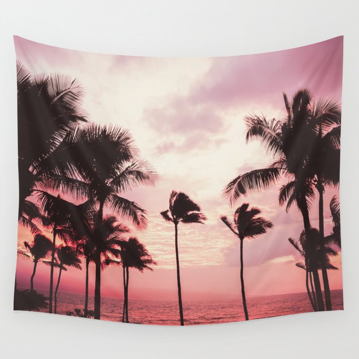 Tropical Palm Tree Pink Sunset Wall Tapestry