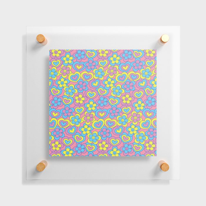 Happy Daisy and Heart Pattern, Vibrant Colors, Blue, Yellow, Pink Floating Acrylic Print