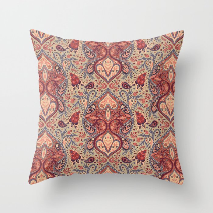 Pretty Coral & Blue-Gray Paisley Pattern Throw Pillow