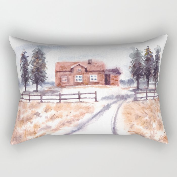 Winter Landscape With House And Pine Trees Watercolor Rectangular Pillow