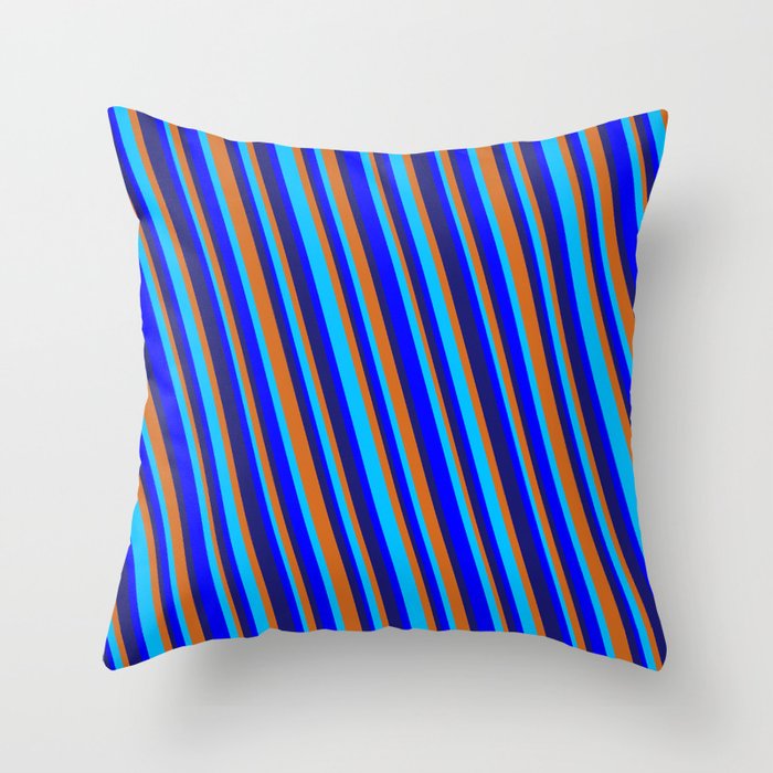Midnight Blue, Chocolate, Deep Sky Blue & Blue Colored Striped/Lined Pattern Throw Pillow