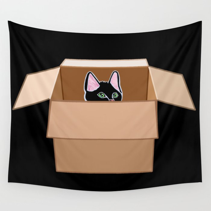 Black Kitten Peeking from Cardboard Box Wall Tapestry