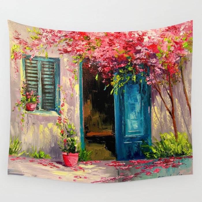 Flower filled patio Wall Tapestry by OLHADARCHUK ART Society6