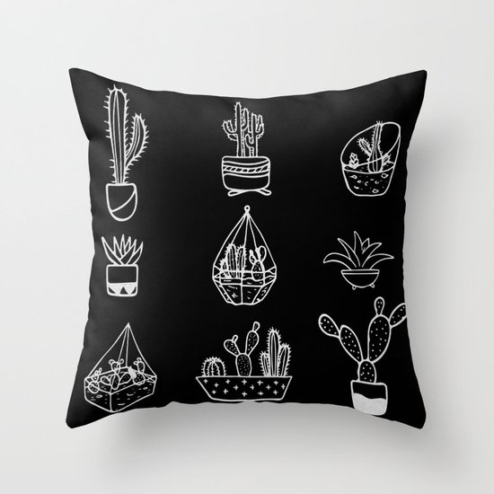 Minimalist Cacti Collection White on Black Throw Pillow by Nature Magick Society6