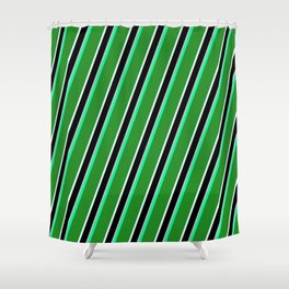 [ Thumbnail: Colorful Green, Forest Green, Light Cyan, Black & Grey Colored Lined Pattern Shower Curtain ]