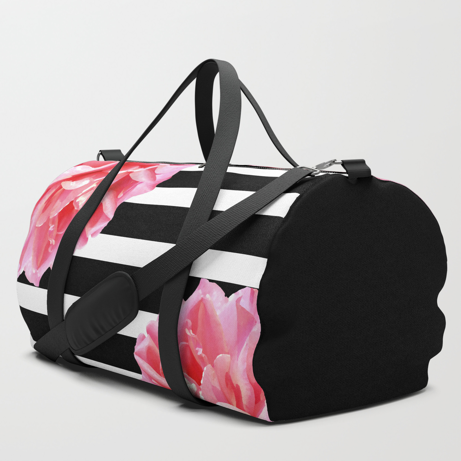 pink duffle bag black and white