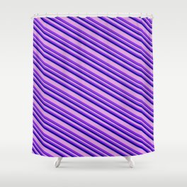 [ Thumbnail: Plum, Purple & Dark Blue Colored Lines Pattern Shower Curtain ]