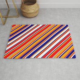 [ Thumbnail: White, Dark Blue, Orange & Red Colored Stripes/Lines Pattern Rug ]