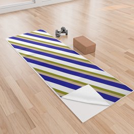 [ Thumbnail: Green, Tan, Dark Blue, and White Colored Stripes/Lines Pattern Yoga Towel ]