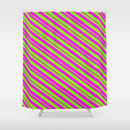 [ Thumbnail: Fuchsia and Green Colored Striped/Lined Pattern Shower Curtain ]