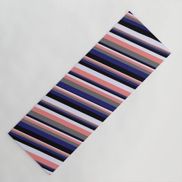 [ Thumbnail: Eye-catching Lavender, Light Coral, Dim Gray, Midnight Blue & Black Colored Striped/Lined Pattern Yoga Mat ]