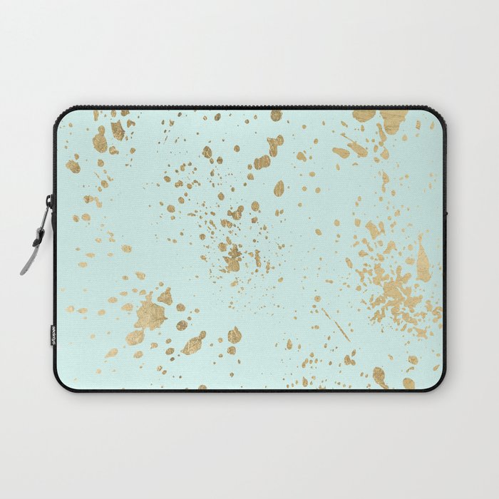 Elegant Abstract Mint Green Gold Splatters Laptop Sleeve