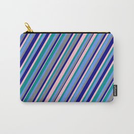 [ Thumbnail: Dark Cyan, Cornflower Blue, Grey, Blue & Pink Colored Stripes/Lines Pattern Carry-All Pouch ]
