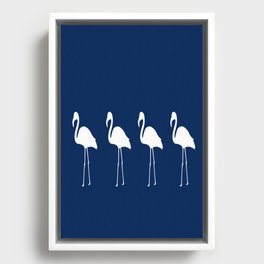 Flamingos in White Silhouette on Dark Blue Background Framed Canvas