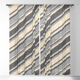 [ Thumbnail: Black, Grey & Beige Colored Striped Pattern Sheer Curtain ]