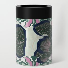 Clownfish swimming on a green and pink patterned background Can Cooler