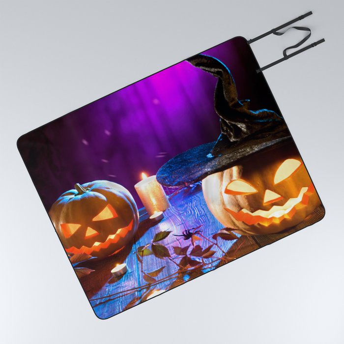 Halloween Pumpkin Head Jack Lantern with Burning Candles Picnic Blanket