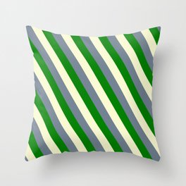 [ Thumbnail: Light Yellow, Slate Gray, and Green Colored Lined Pattern Throw Pillow ]