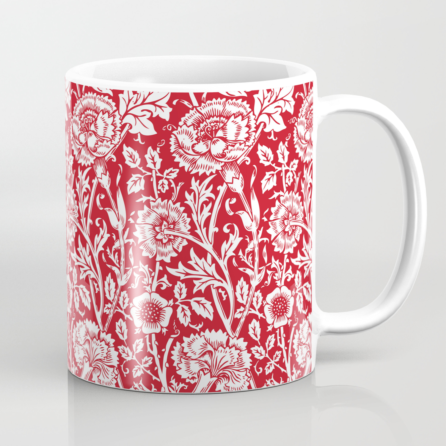 set of 6 china aspen mugs in red tapestry William Morris design 