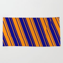 [ Thumbnail: Dark Orange and Dark Blue Colored Lines Pattern Beach Towel ]