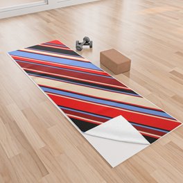[ Thumbnail: Cornflower Blue, Dark Red, Bisque, Red & Black Colored Stripes Pattern Yoga Towel ]