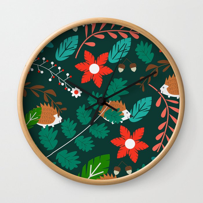 Hedgehogs, flowers and leaves Wall Clock