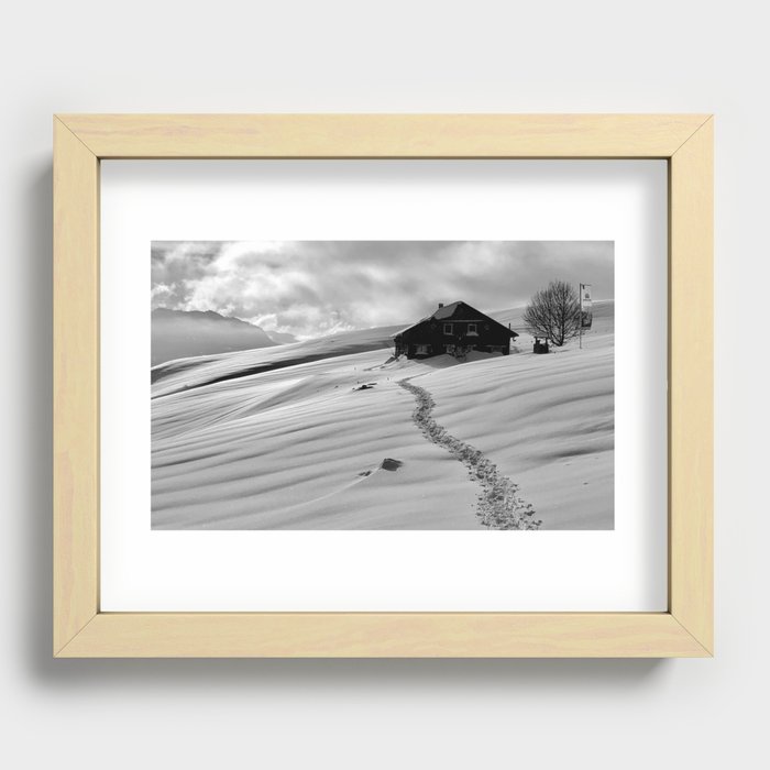Snowcapped alpine mountain cottage - cabin winter landscape black and white photograph - photography - photographs Recessed Framed Print