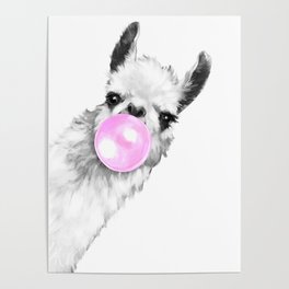Bubble Gum Sneaky Llama Black and White Poster