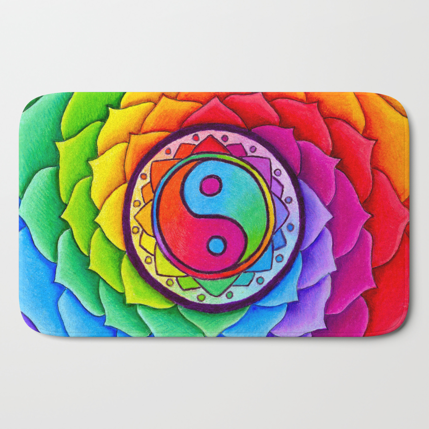 Healing Lotus Rainbow Yin Yang Mandala Bath Mat By Psychedeliczen
